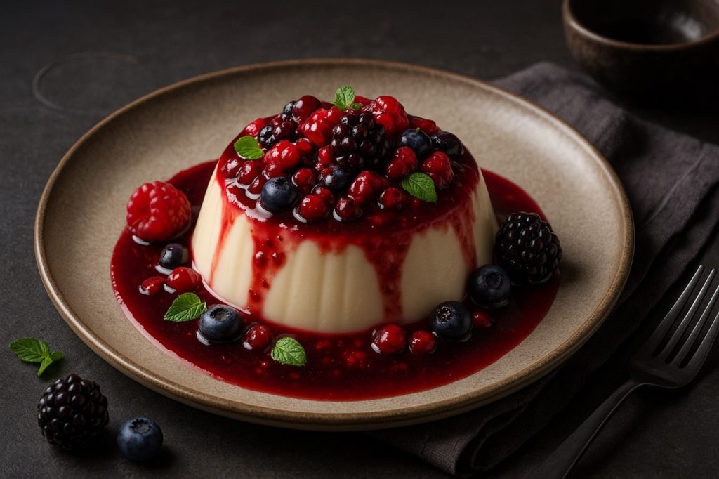 Dessert frais et léger avec un coulis aux fruits rouges.